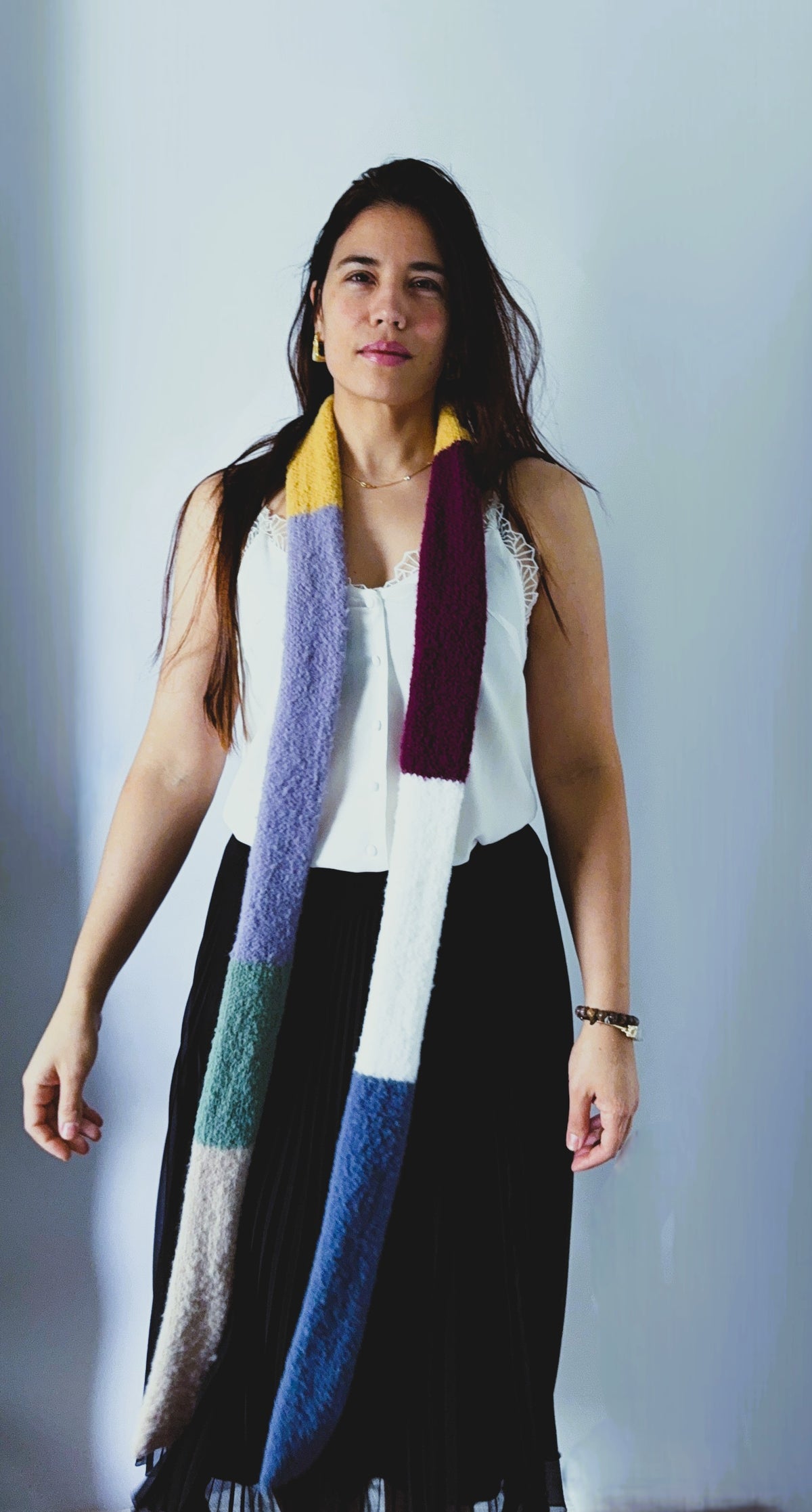 Color Block Knit  Skinny Scarf. Ultra Soft Texture .Handmade Winter Accessory.