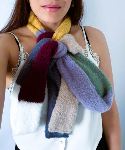 Color Block Knit  Skinny Scarf. Ultra Soft Texture .Handmade Winter Accessory.