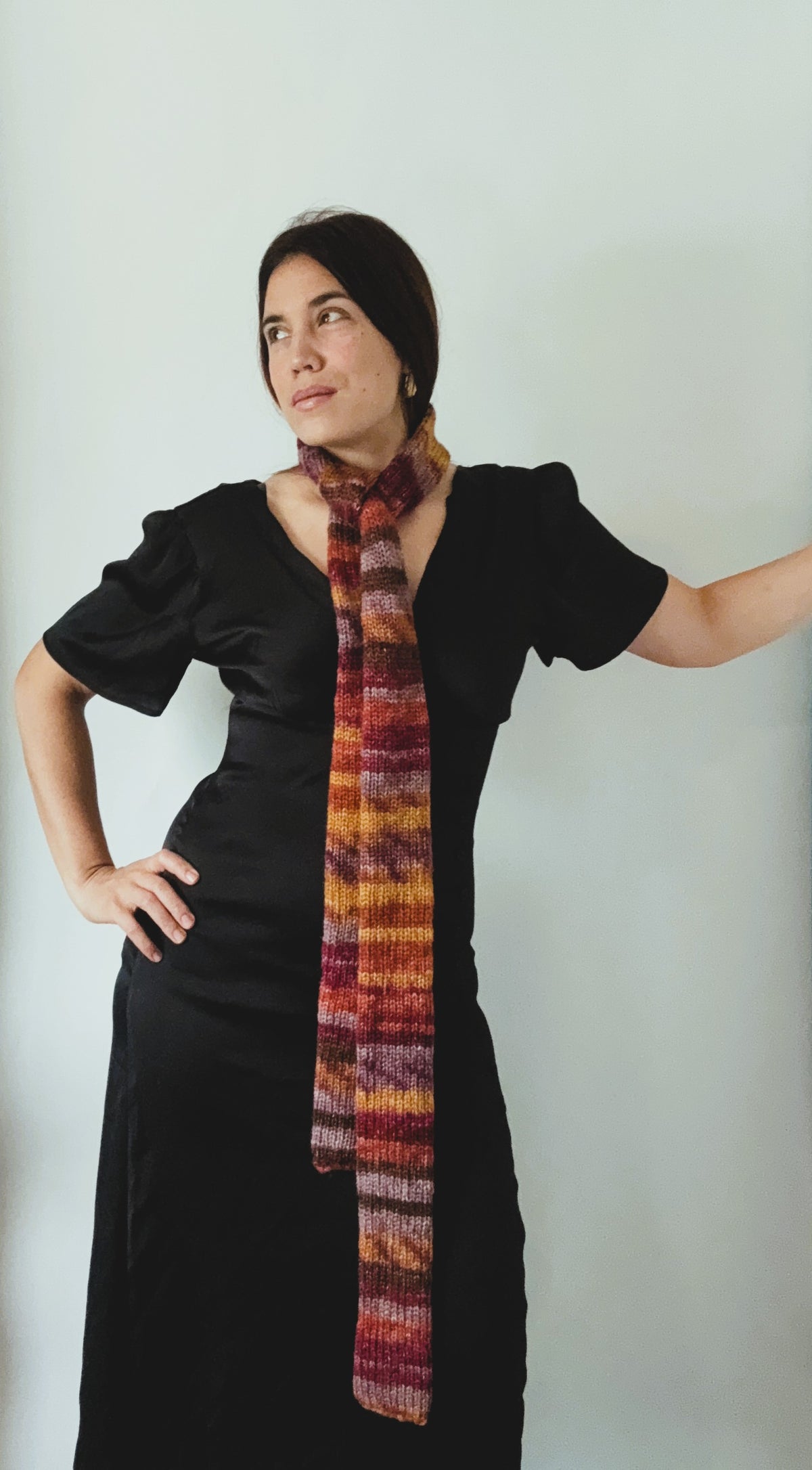 Colorful Knit Skinny Scarf, Alpaca Wool Blend ,Modern Multicolor Neck Scarf.