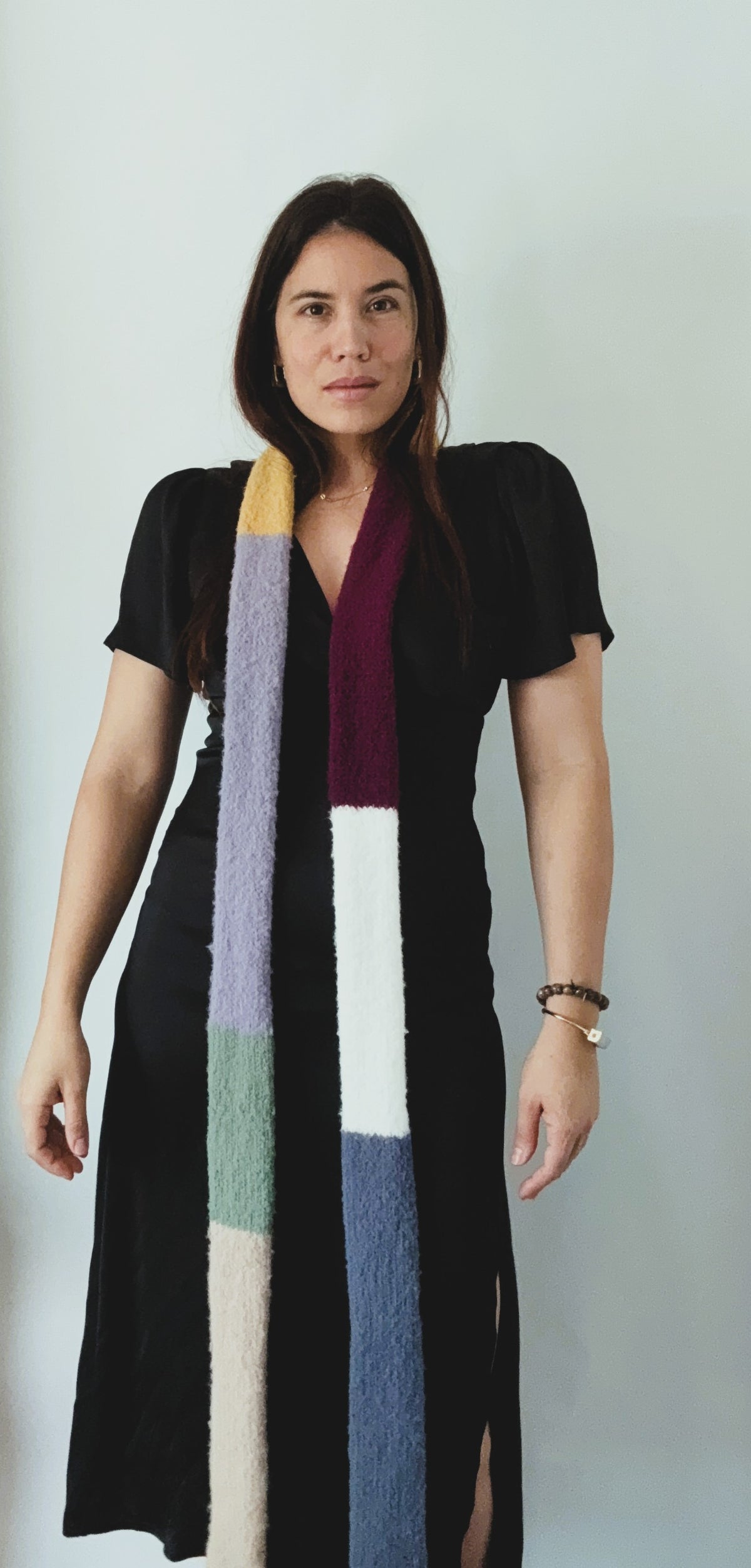 Color Block Knit  Skinny Scarf. Ultra Soft Texture .Handmade Winter Accessory.