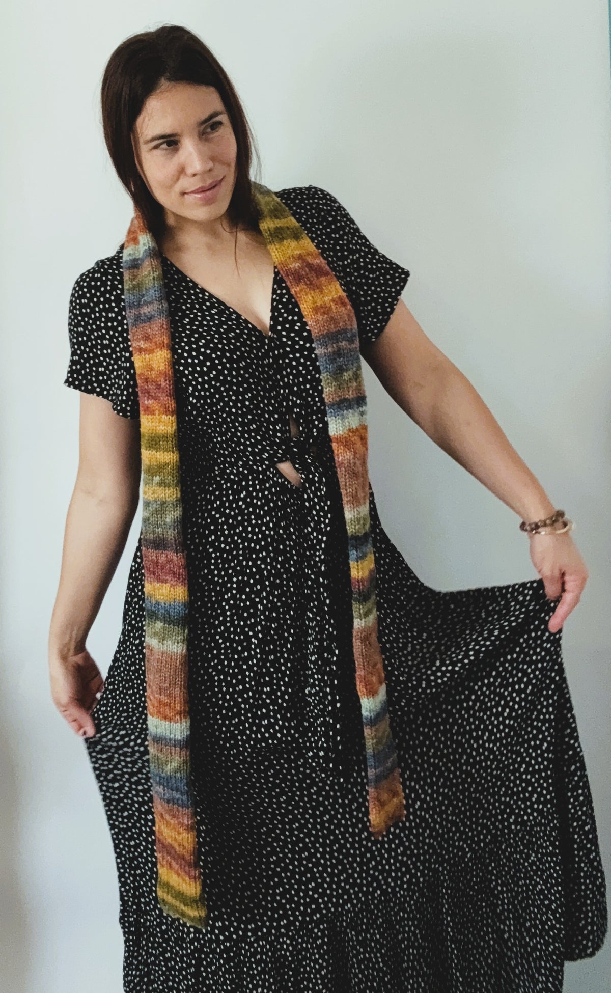 Colorful Knit Skinny Scarf, Alpaca Wool Blend ,Modern Multicolor Neck Scarf.