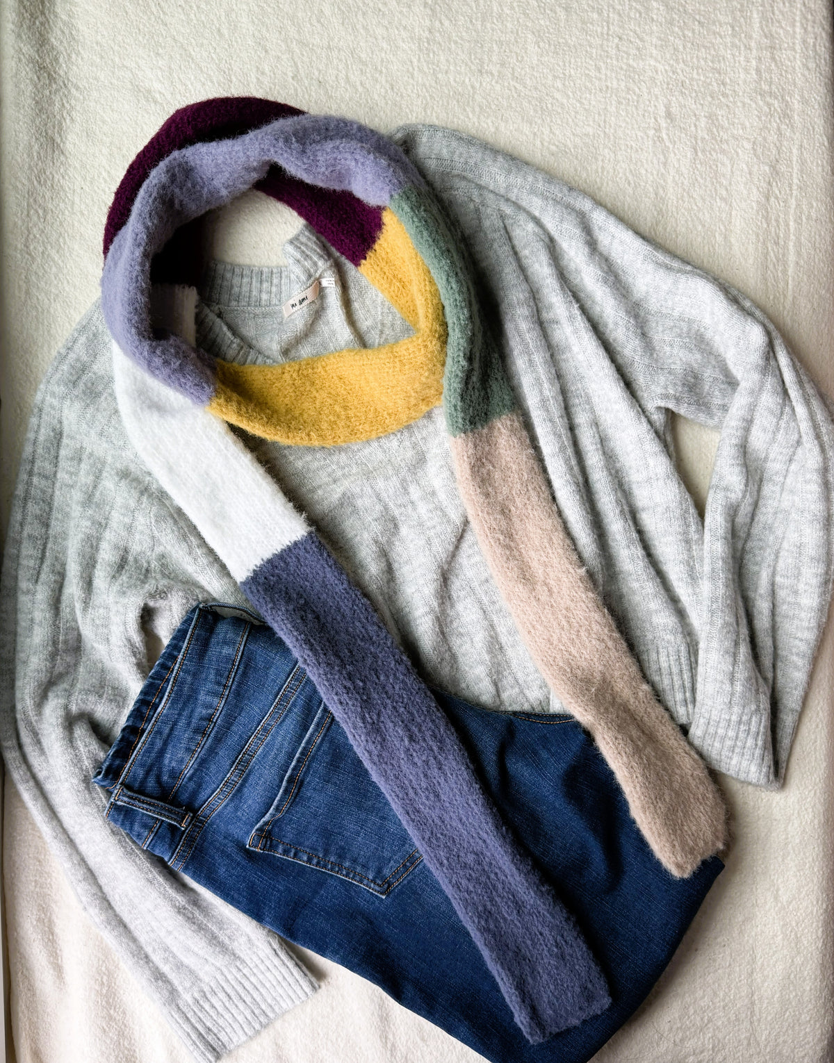 Color Block Knit  Skinny Scarf. Ultra Soft Texture .Handmade Winter Accessory.