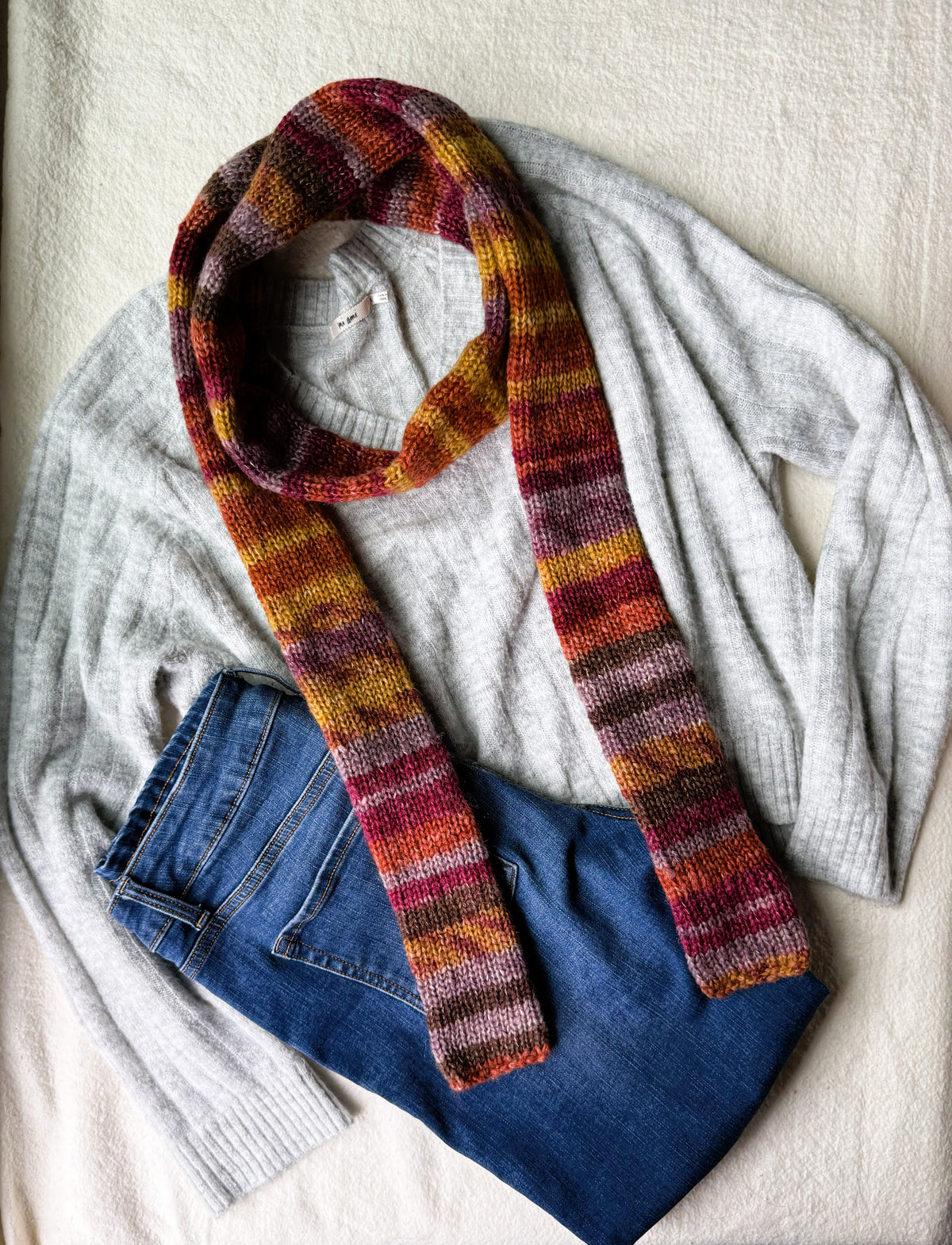 Colorful Knit Skinny Scarf, Alpaca Wool Blend ,Modern Multicolor Neck Scarf.